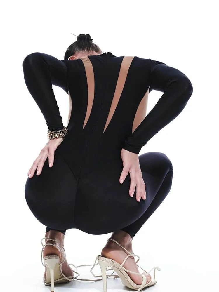 Women Black See through Sheer Mesh One piece Crew Neck Long Sleeve Streetwear Overalls Clubwear Jumpsuit_