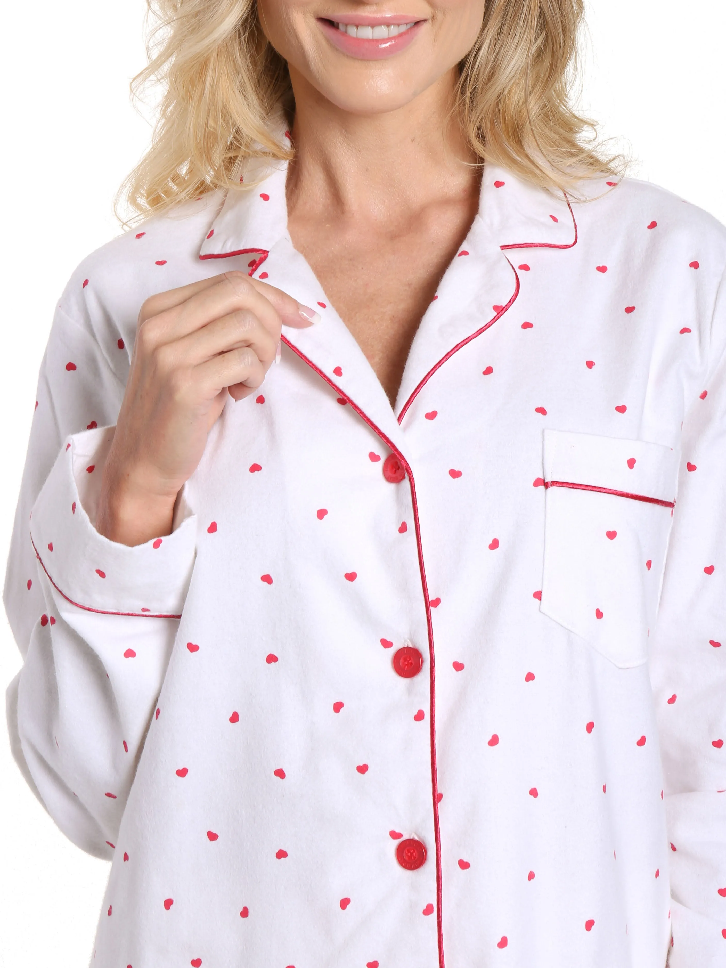 Women's 100% Cotton Flannel Pajama Sleepwear Set - Little Hearts - White-Red