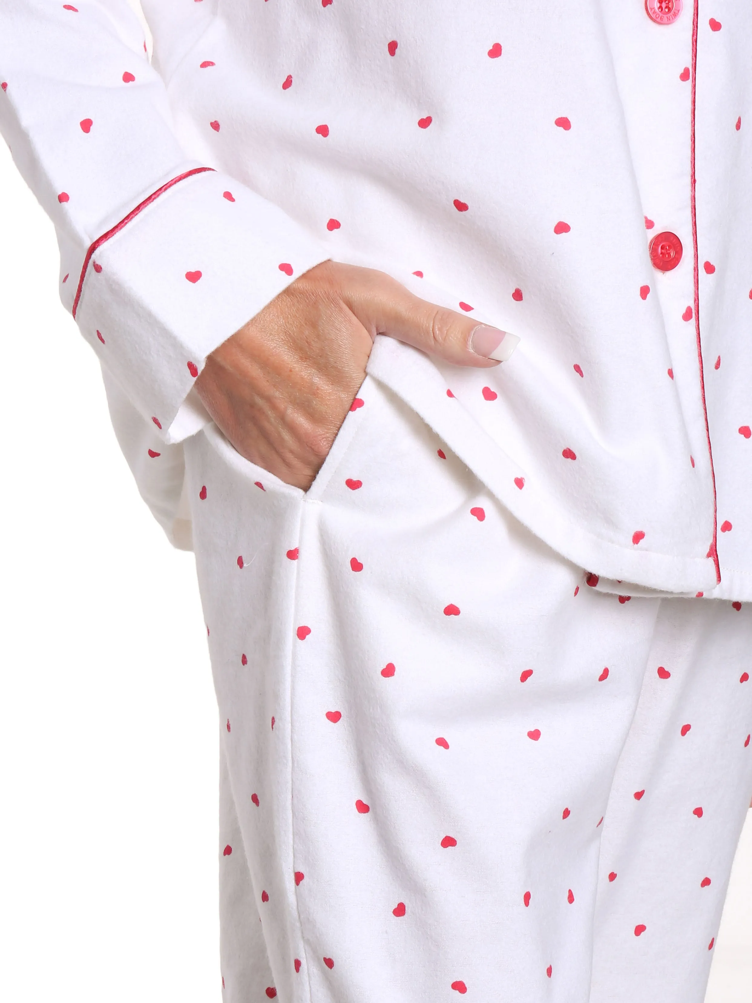 Women's 100% Cotton Flannel Pajama Sleepwear Set - Little Hearts - White-Red