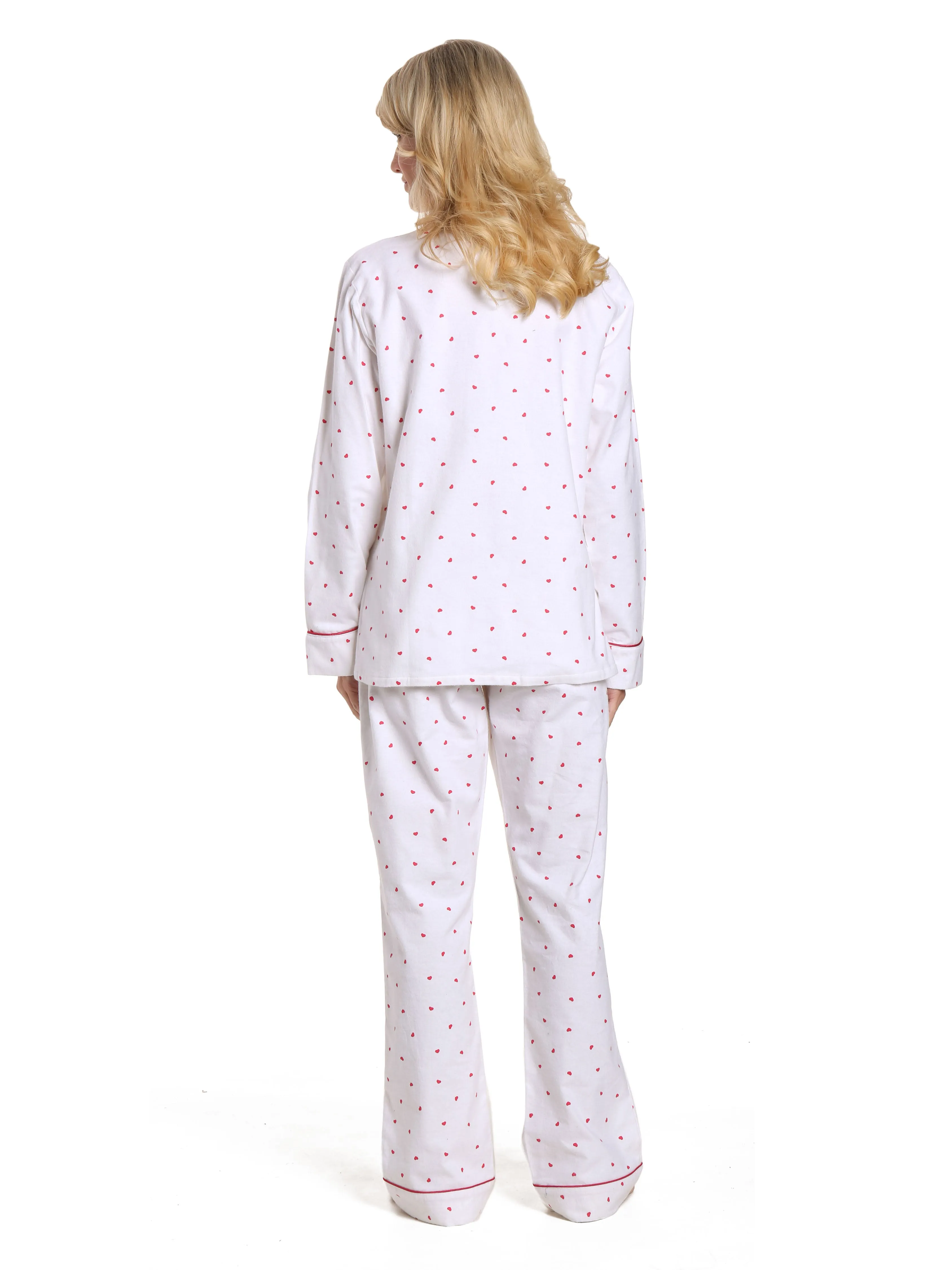 Women's 100% Cotton Flannel Pajama Sleepwear Set - Little Hearts - White-Red