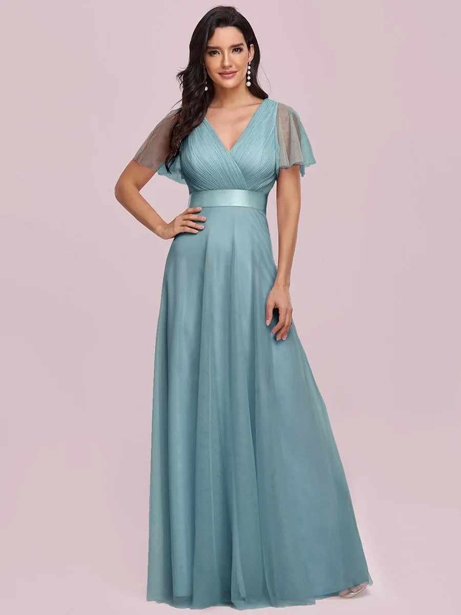 Women's Double V-Neck Floor-Length Bridesmaid Dress with Short Sleeve
