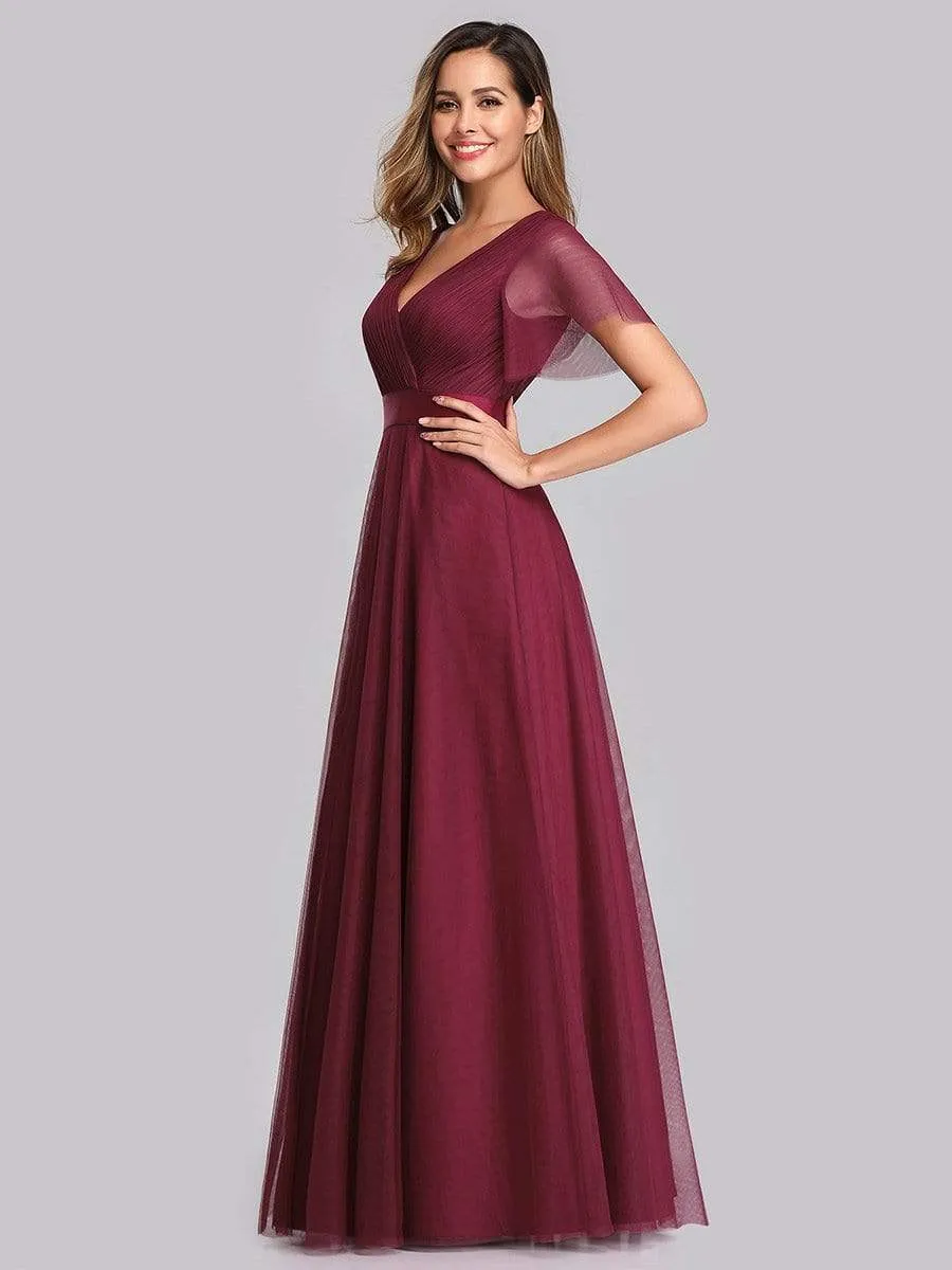 Women's Double V-Neck Floor-Length Bridesmaid Dress with Short Sleeve