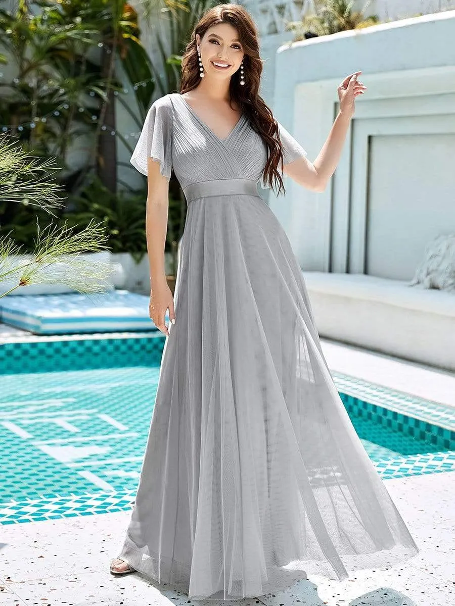 Women's Double V-Neck Floor-Length Bridesmaid Dress with Short Sleeve