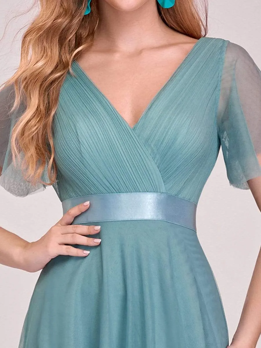 Women's Double V-Neck Floor-Length Bridesmaid Dress with Short Sleeve