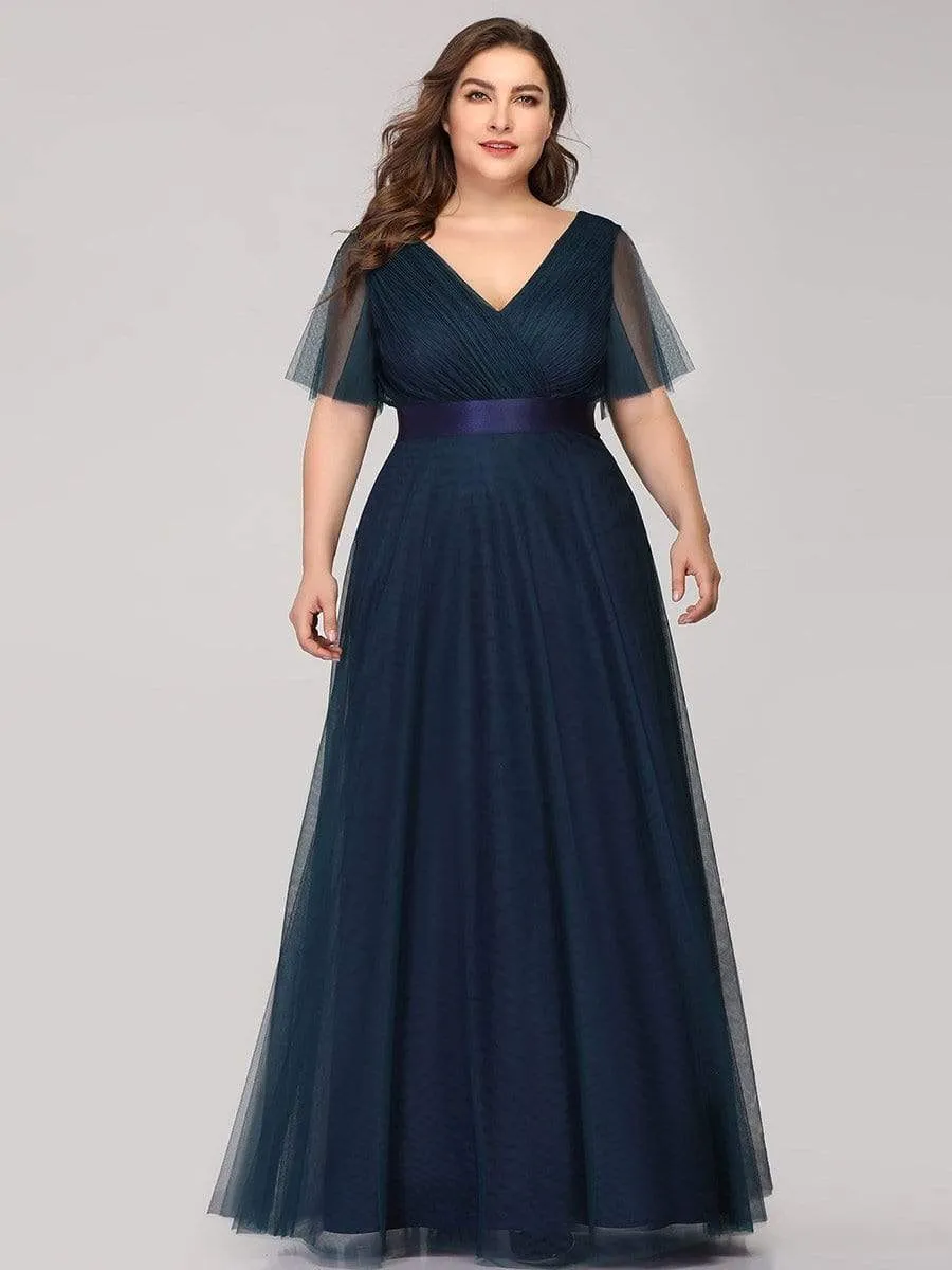 Women's Double V-Neck Floor-Length Bridesmaid Dress with Short Sleeve