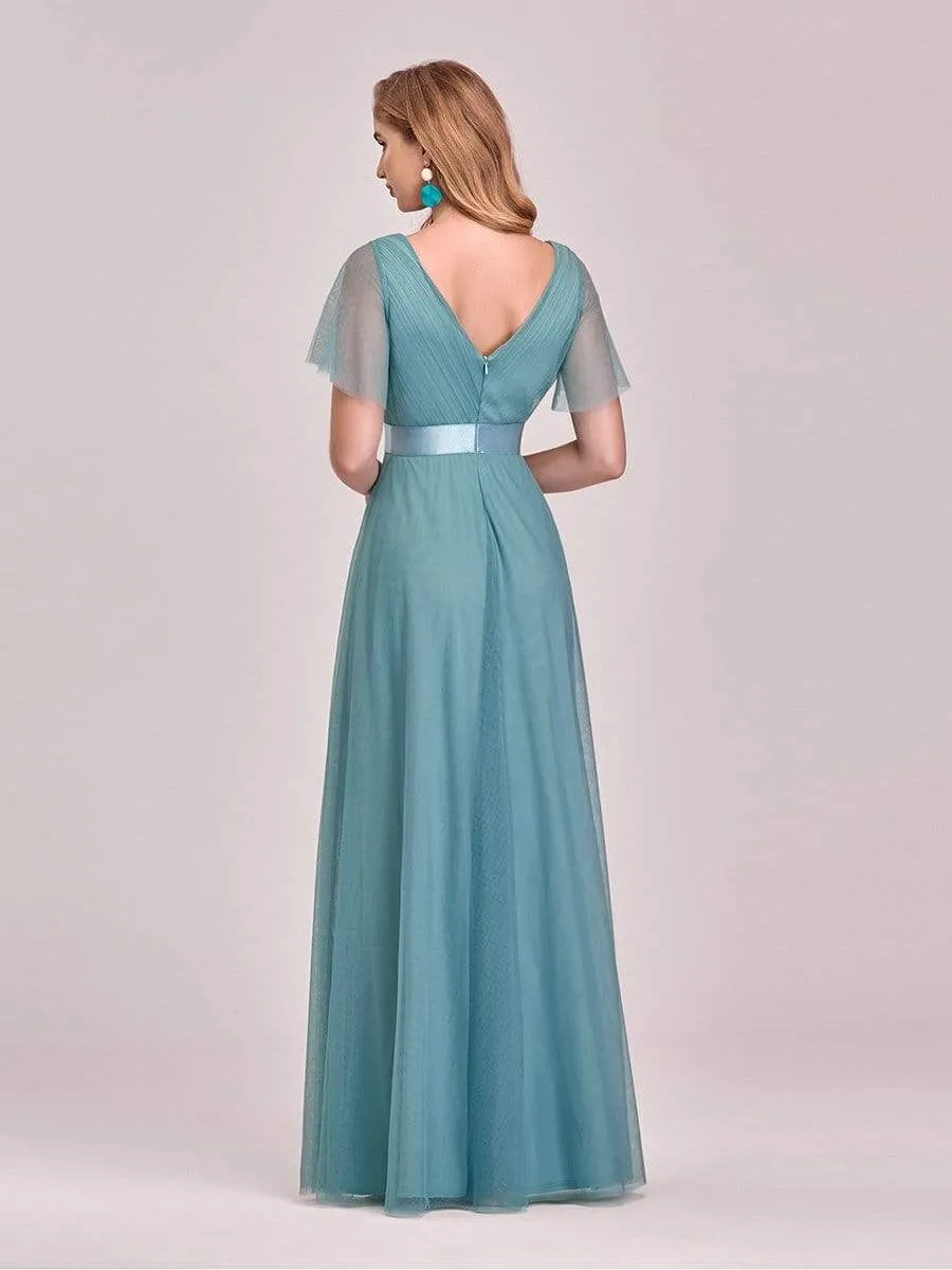 Women's Double V-Neck Floor-Length Bridesmaid Dress with Short Sleeve