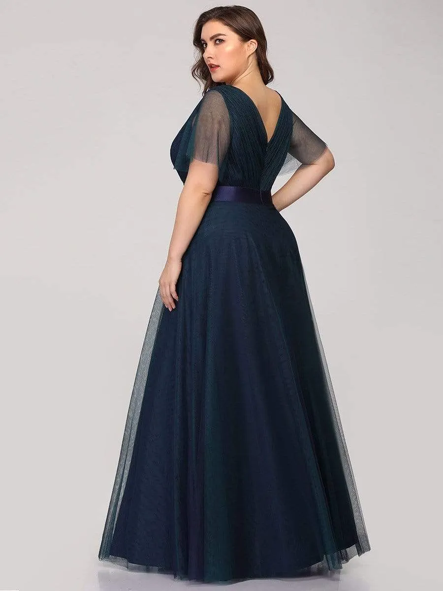 Women's Double V-Neck Floor-Length Bridesmaid Dress with Short Sleeve