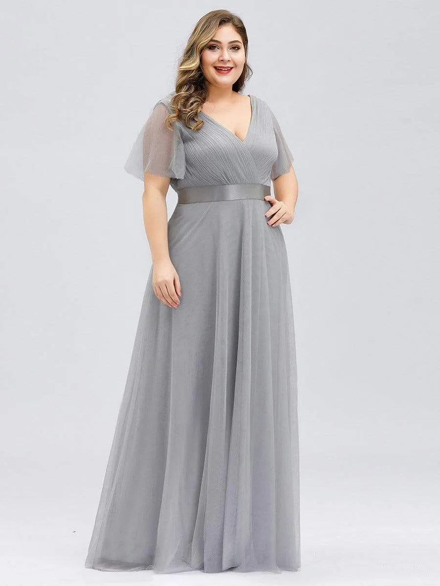 Women's Double V-Neck Floor-Length Bridesmaid Dress with Short Sleeve