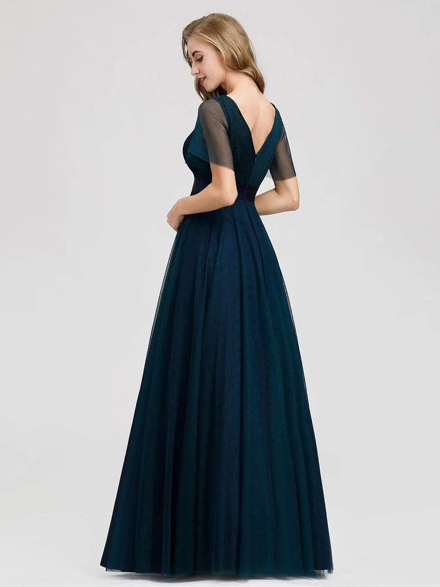 Women's Double V-Neck Floor-Length Bridesmaid Dress with Short Sleeve