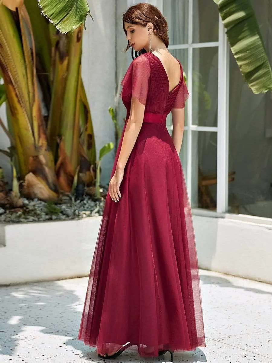Women's Double V-Neck Floor-Length Bridesmaid Dress with Short Sleeve
