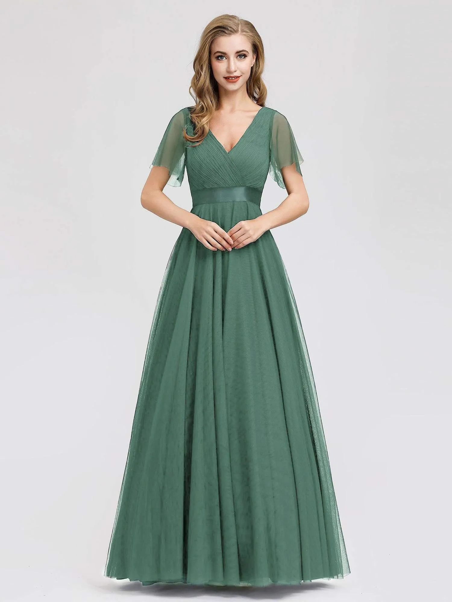 Women's Double V-Neck Floor-Length Bridesmaid Dress with Short Sleeve