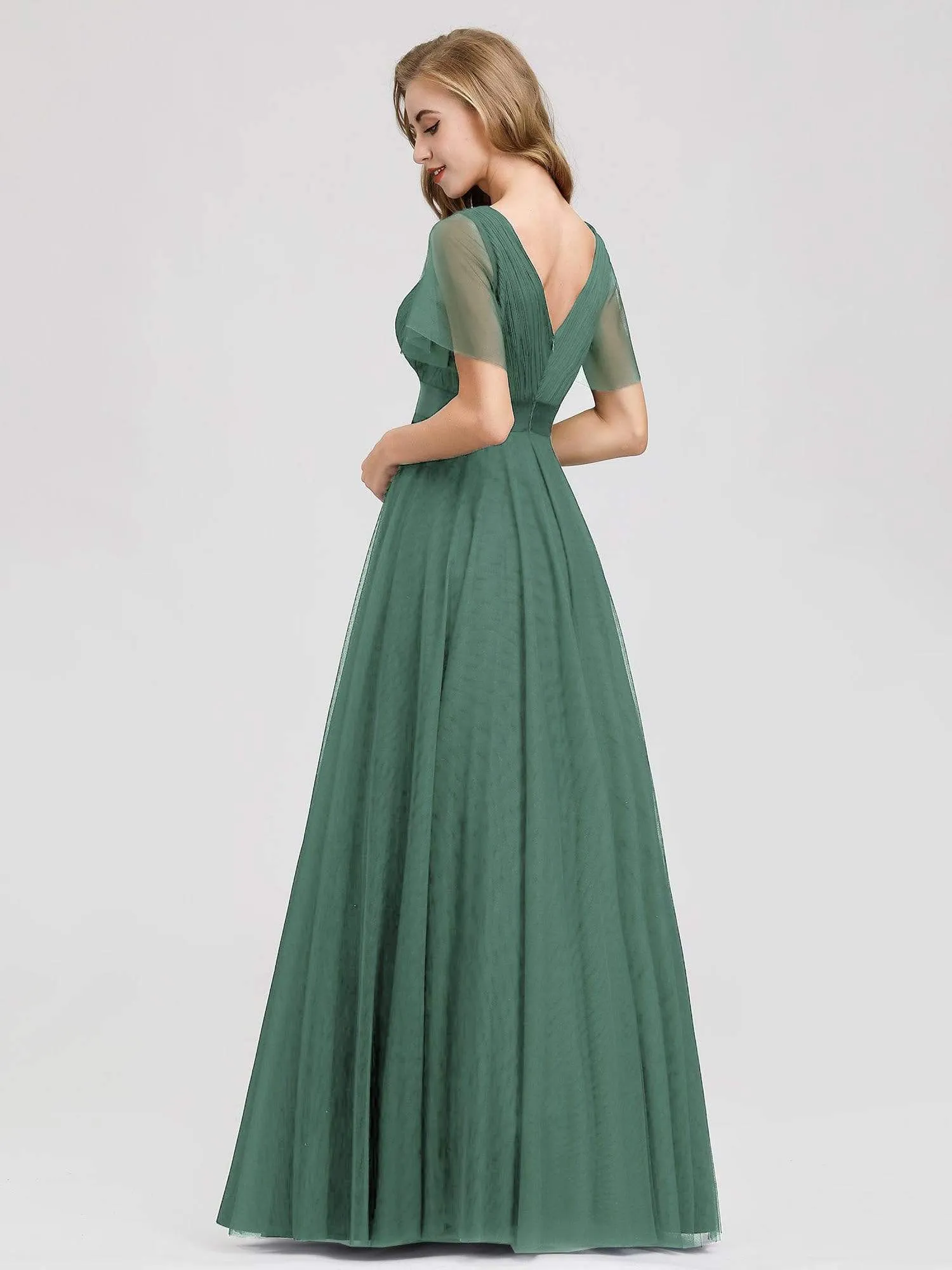 Women's Double V-Neck Floor-Length Bridesmaid Dress with Short Sleeve
