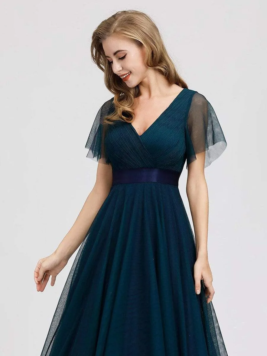 Women's Double V-Neck Floor-Length Bridesmaid Dress with Short Sleeve
