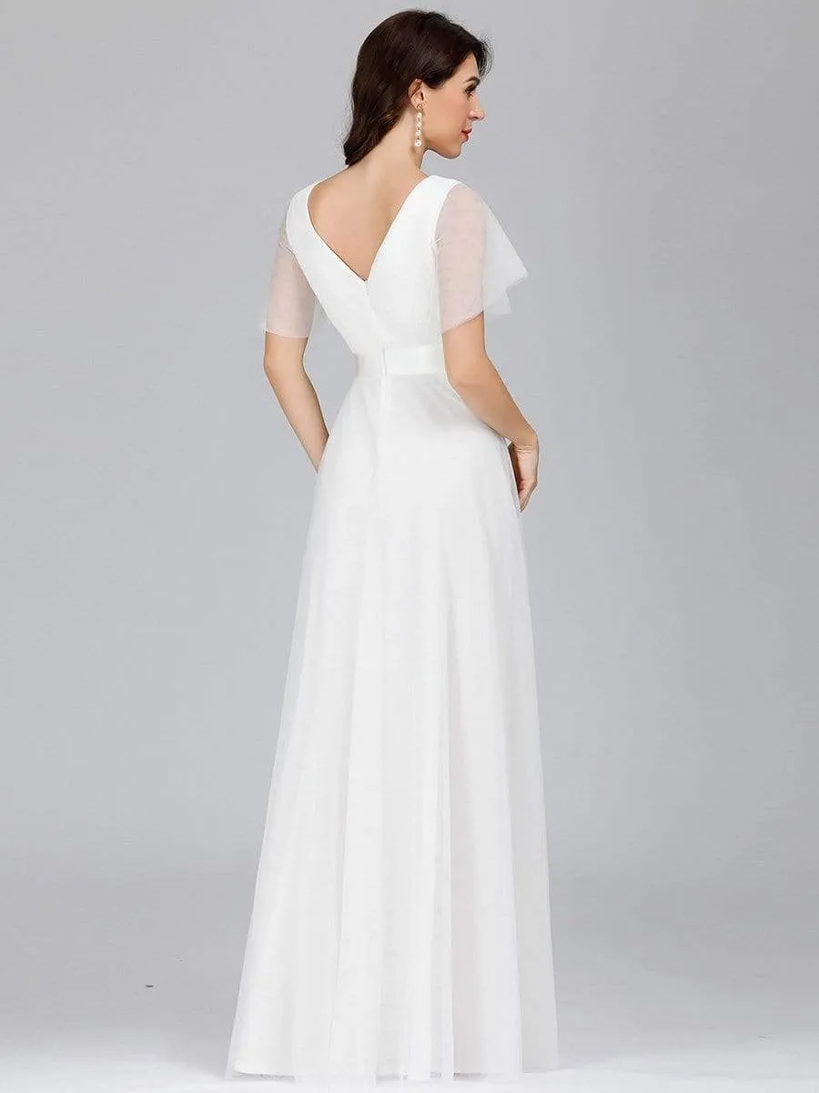 Women's Double V-Neck Floor-Length Bridesmaid Dress with Short Sleeve
