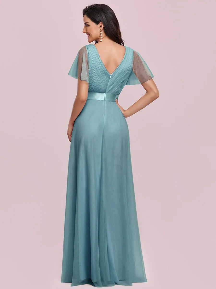 Women's Double V-Neck Floor-Length Bridesmaid Dress with Short Sleeve