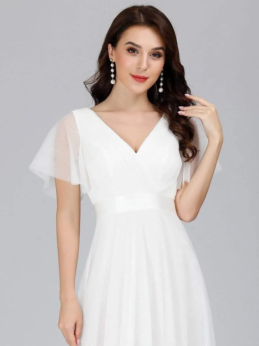 Women's Double V-Neck Floor-Length Bridesmaid Dress with Short Sleeve