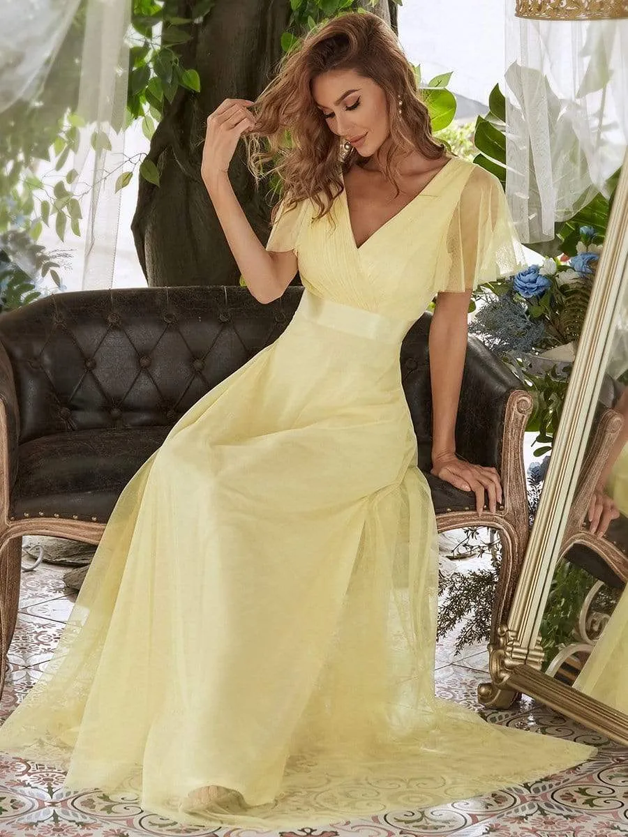 Women's Double V-Neck Floor-Length Bridesmaid Dress with Short Sleeve