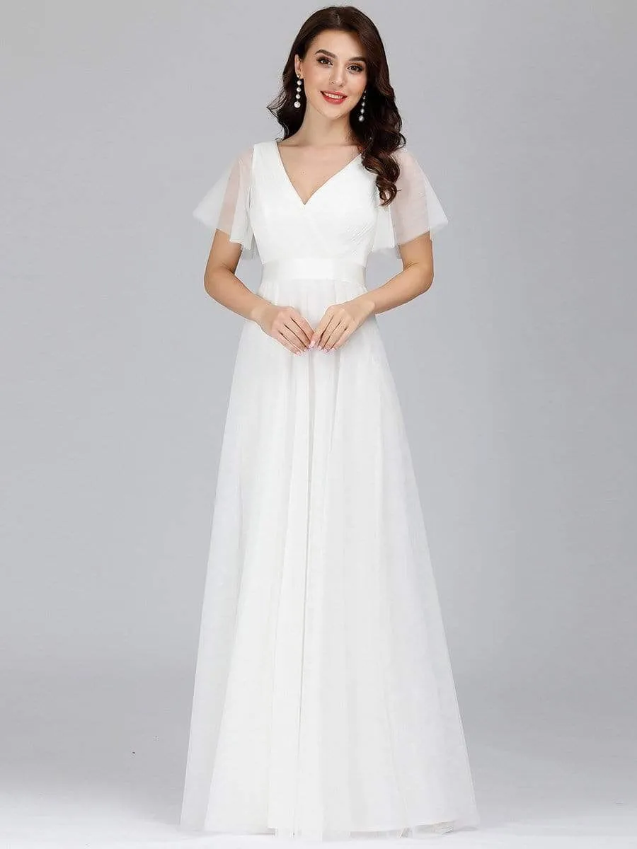 Women's Double V-Neck Floor-Length Bridesmaid Dress with Short Sleeve