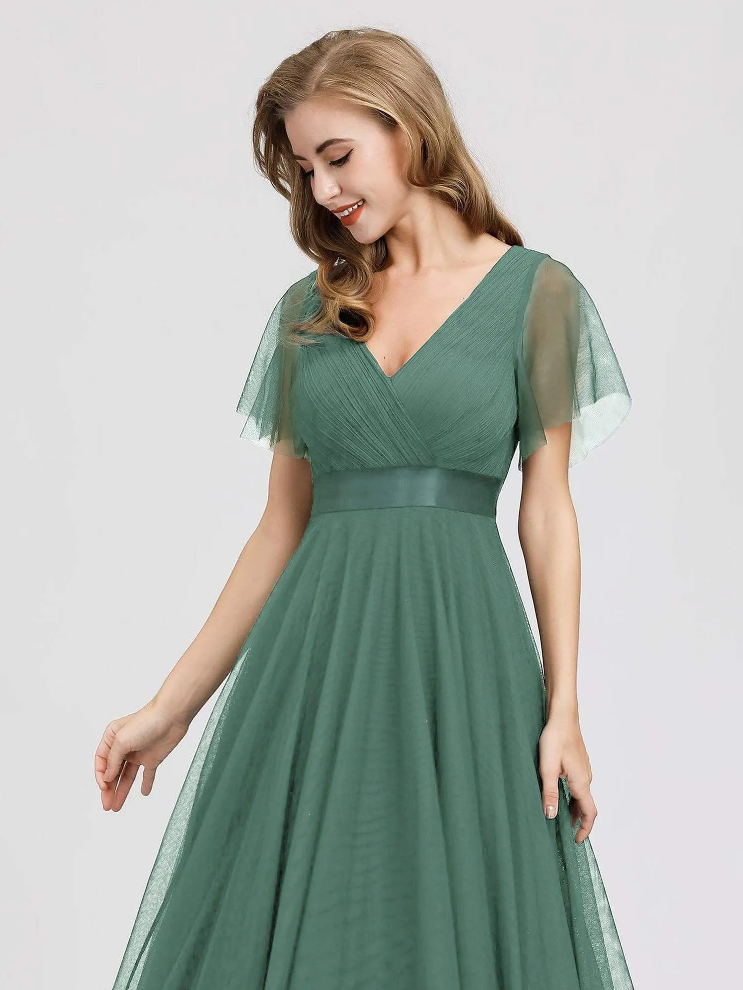 Women's Double V-Neck Floor-Length Bridesmaid Dress with Short Sleeve