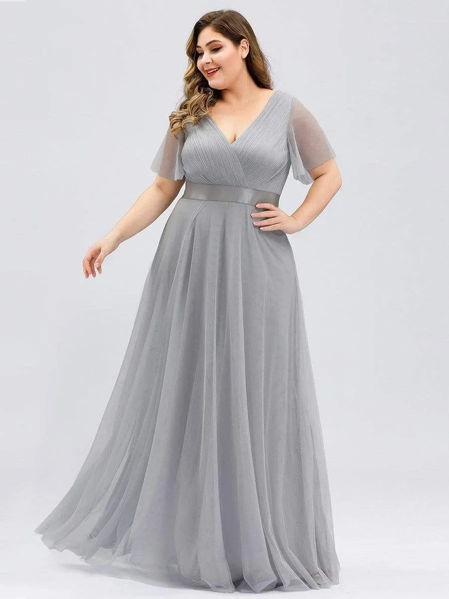 Women's Double V-Neck Floor-Length Bridesmaid Dress with Short Sleeve