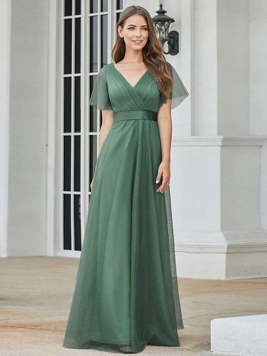 Women's Double V-Neck Floor-Length Bridesmaid Dress with Short Sleeve