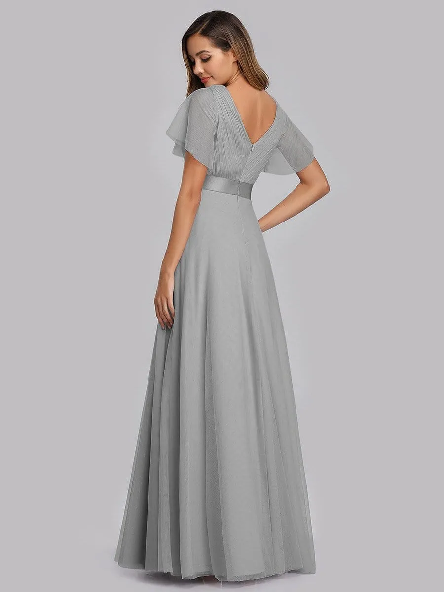Women's Double V-Neck Floor-Length Bridesmaid Dress with Short Sleeve