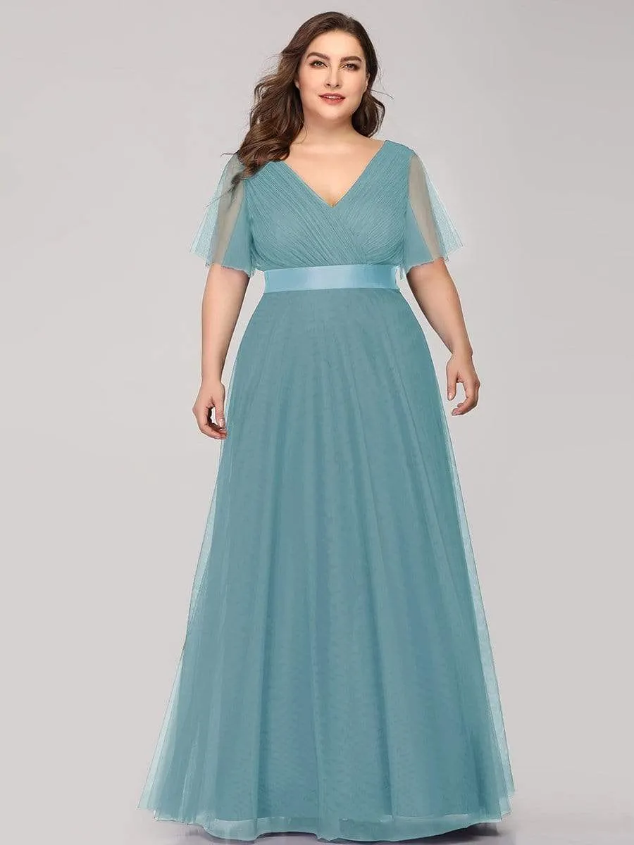Women's Double V-Neck Floor-Length Bridesmaid Dress with Short Sleeve