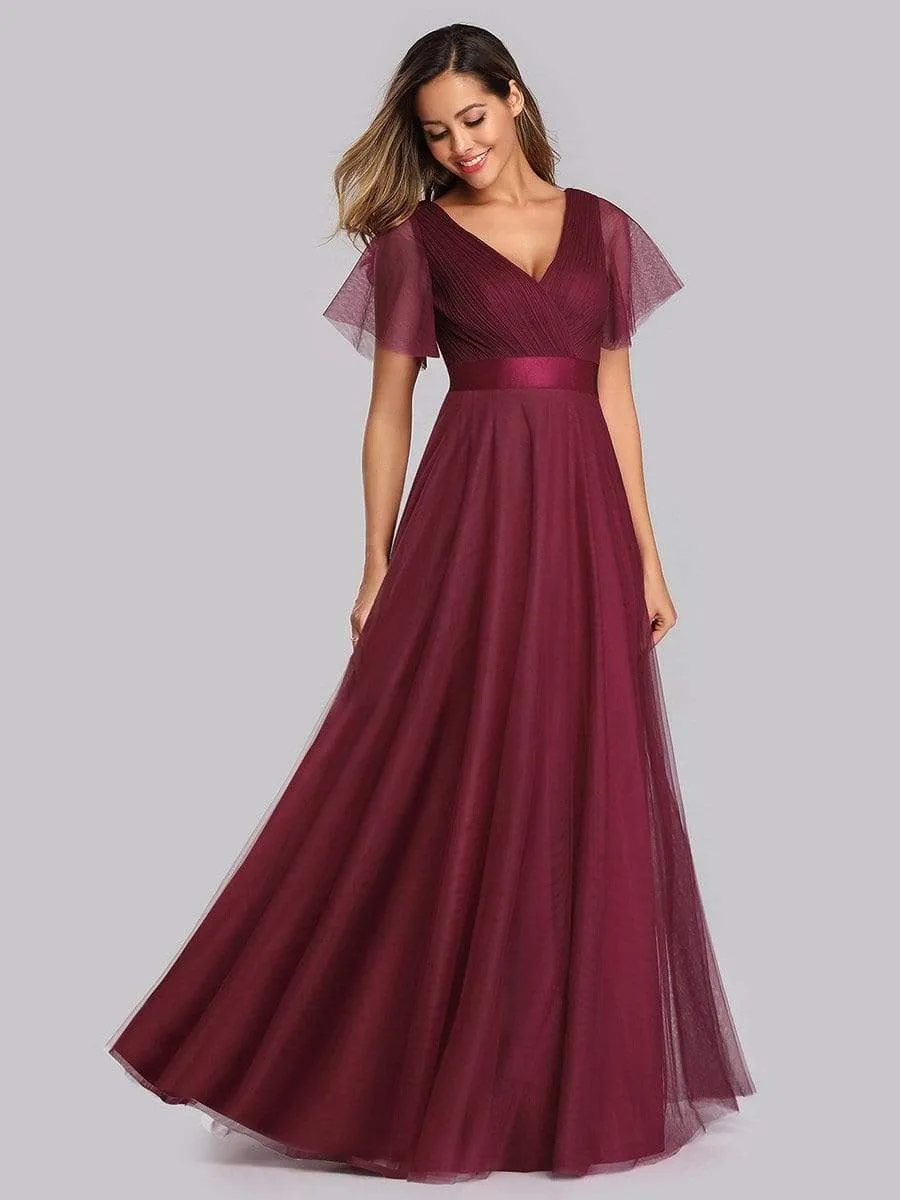 Women's Double V-Neck Floor-Length Bridesmaid Dress with Short Sleeve