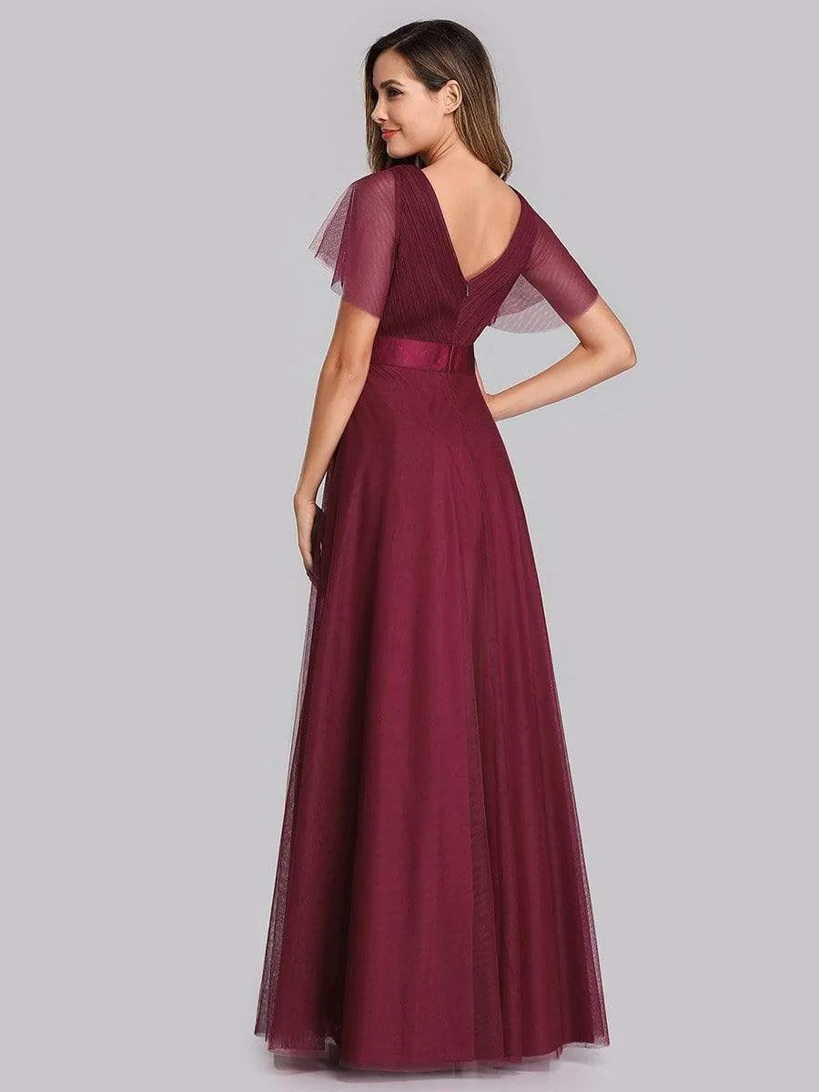 Women's Double V-Neck Floor-Length Bridesmaid Dress with Short Sleeve