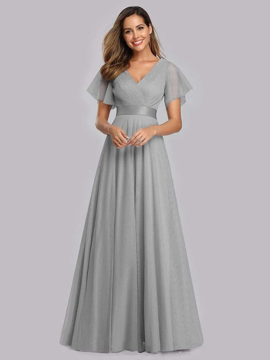 Women's Double V-Neck Floor-Length Bridesmaid Dress with Short Sleeve