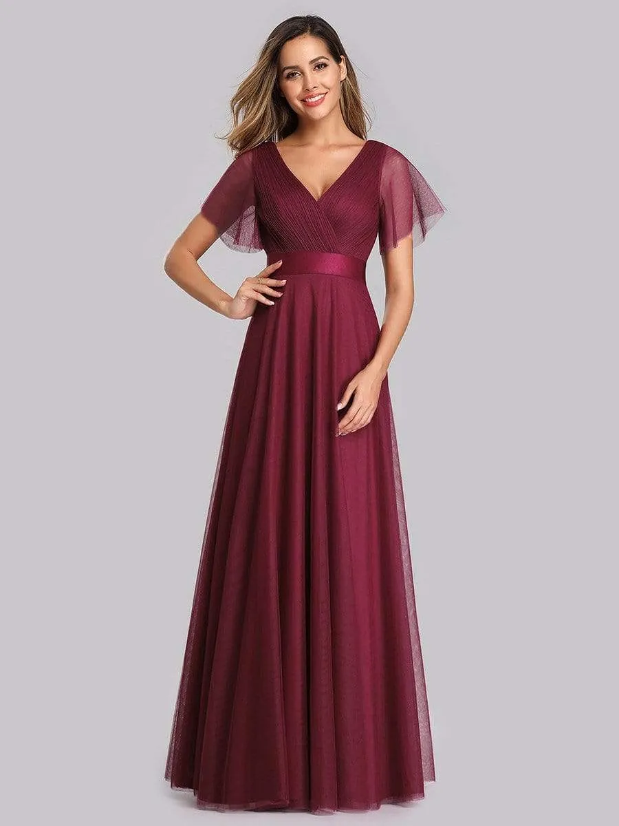 Women's Double V-Neck Floor-Length Bridesmaid Dress with Short Sleeve