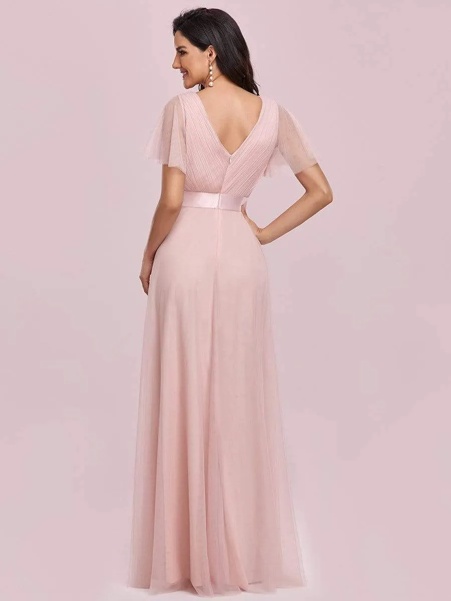 Women's Double V-Neck Floor-Length Bridesmaid Dress with Short Sleeve