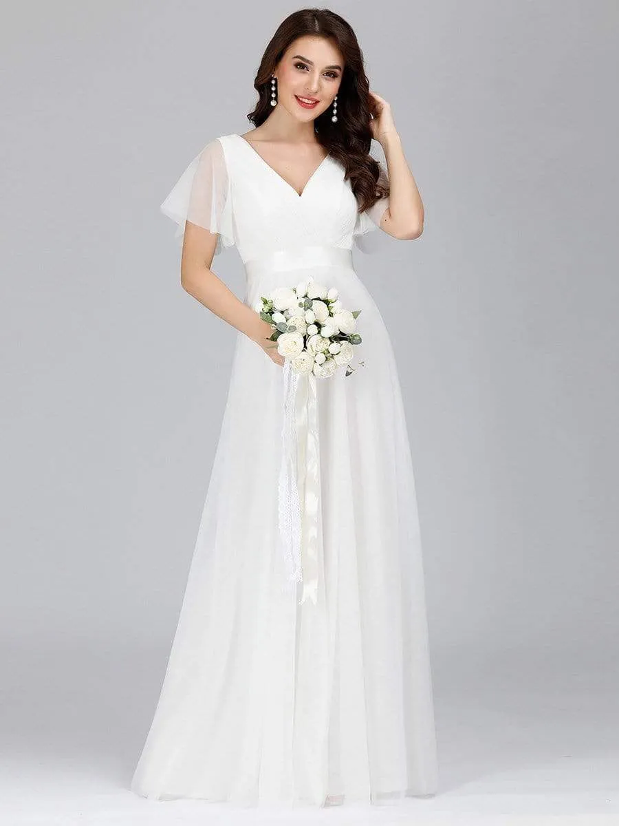 Women's Double V-Neck Floor-Length Bridesmaid Dress with Short Sleeve