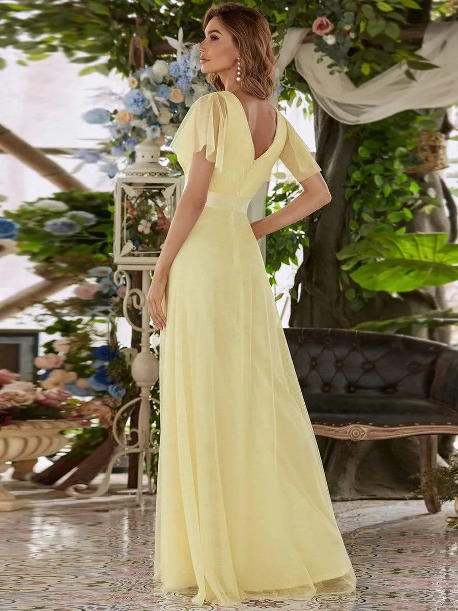Women's Double V-Neck Floor-Length Bridesmaid Dress with Short Sleeve