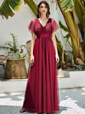 Women's Double V-Neck Floor-Length Bridesmaid Dress with Short Sleeve