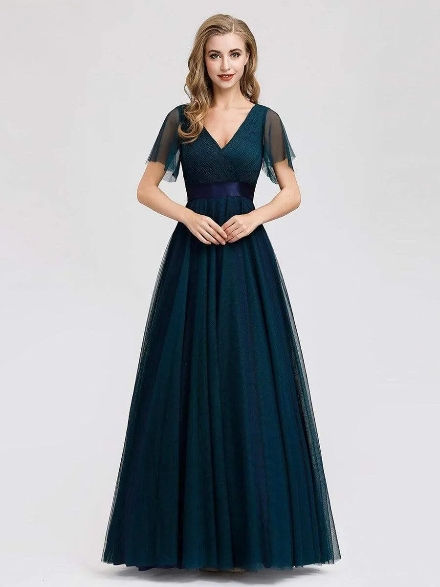 Women's Double V-Neck Floor-Length Bridesmaid Dress with Short Sleeve