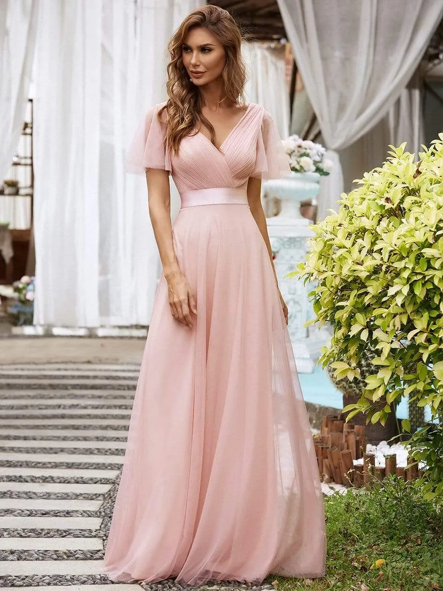 Women's Double V-Neck Floor-Length Bridesmaid Dress with Short Sleeve