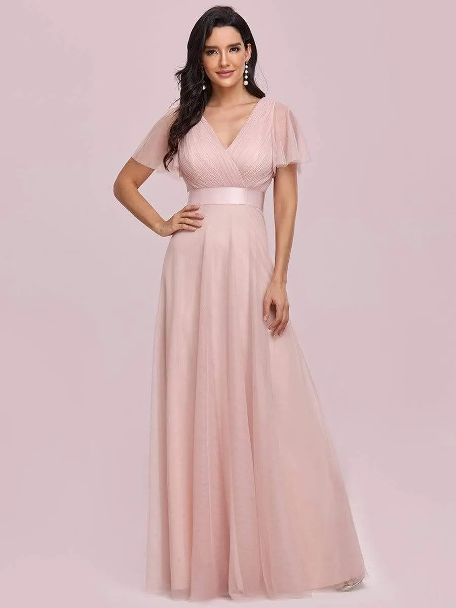 Women's Double V-Neck Floor-Length Bridesmaid Dress with Short Sleeve