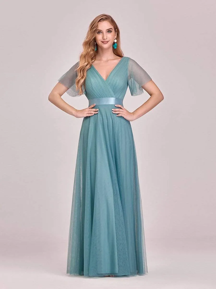 Women's Double V-Neck Floor-Length Bridesmaid Dress with Short Sleeve
