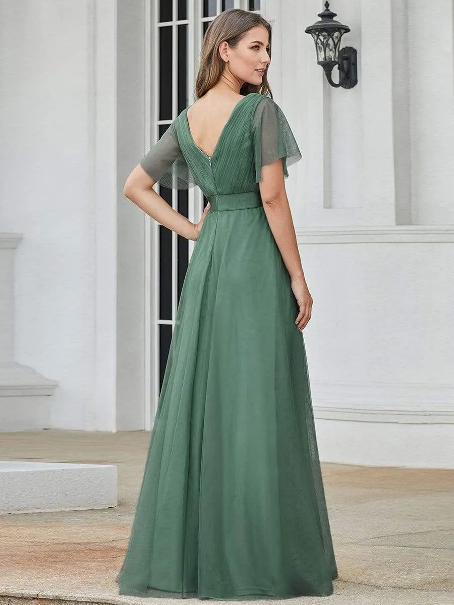 Women's Double V-Neck Floor-Length Bridesmaid Dress with Short Sleeve