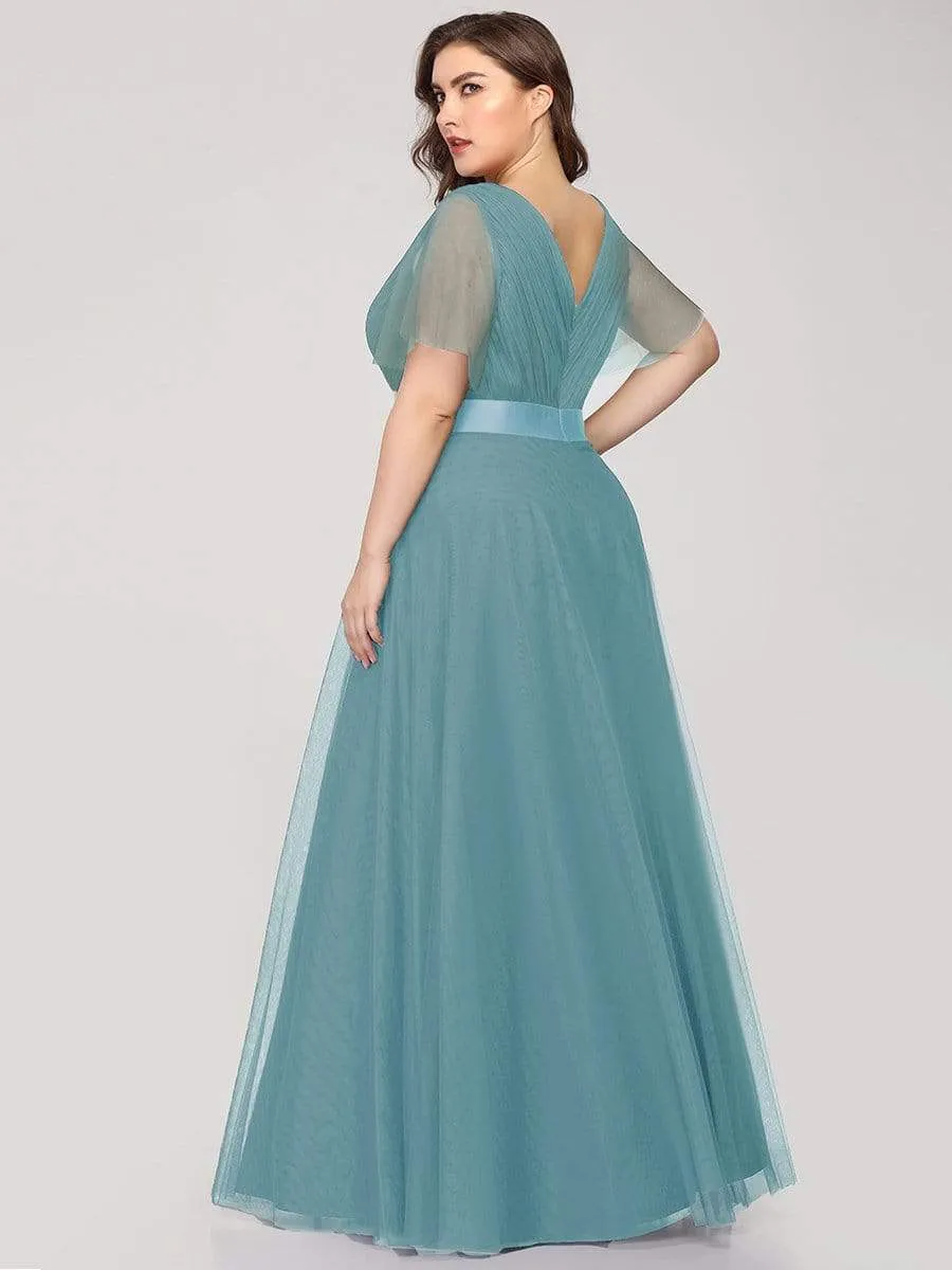 Women's Double V-Neck Floor-Length Bridesmaid Dress with Short Sleeve