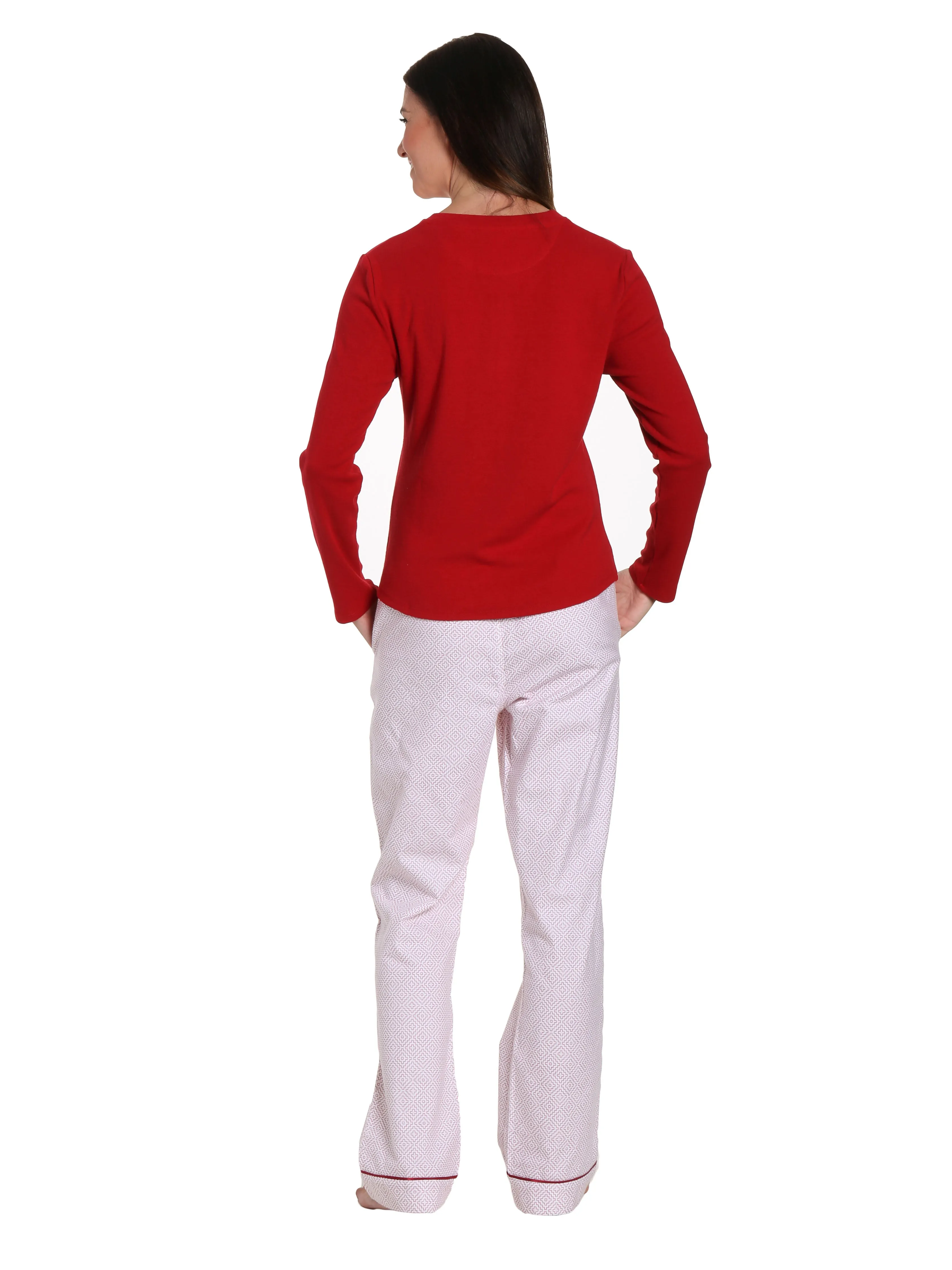 Womens Premium Cotton Flannel Loungewear Set - Geo Mosaic White/Red